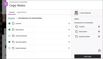 Selecting individual course content items to copy.